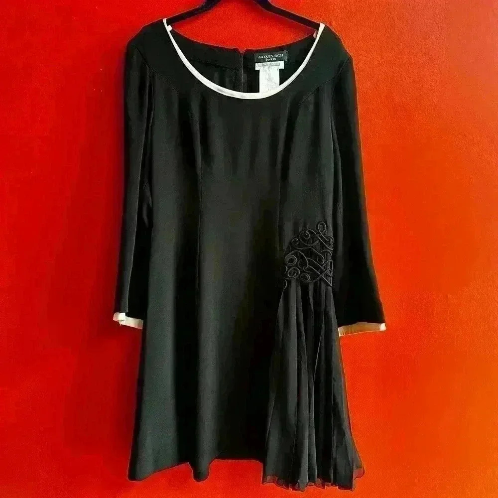 Vintage Black Long-Sleeve Dress with White Trim